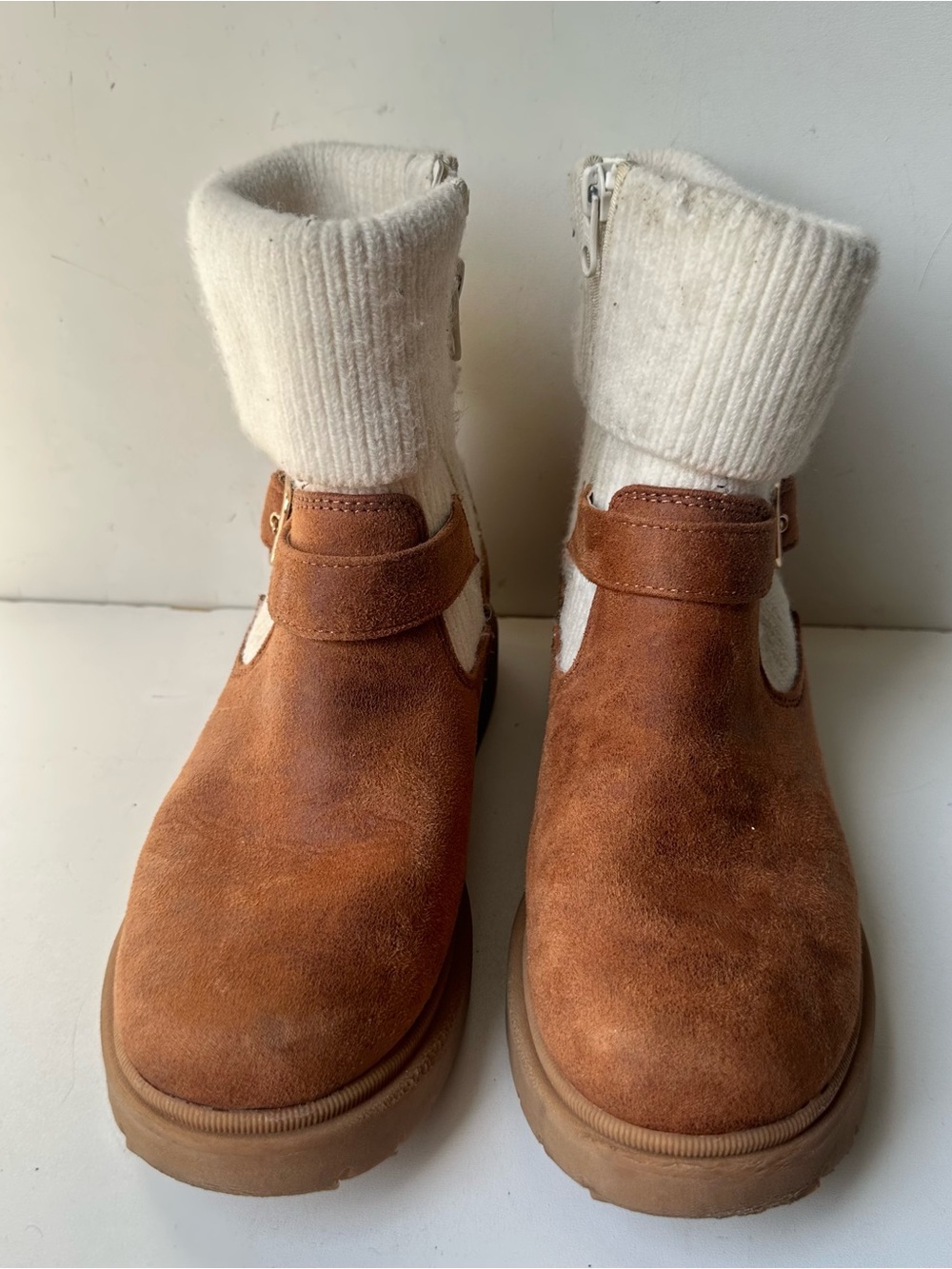 Cat & Jack Girls Brown Sweater Cuff Ankle Boots Size 3 Side Zip Buckle